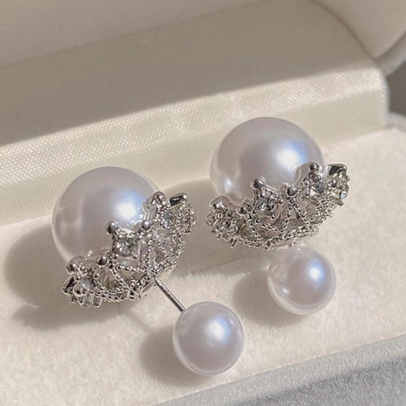 Pearlescent Radiance - Double-Sided CZ Pearl Earrings - Picture 2 of 6